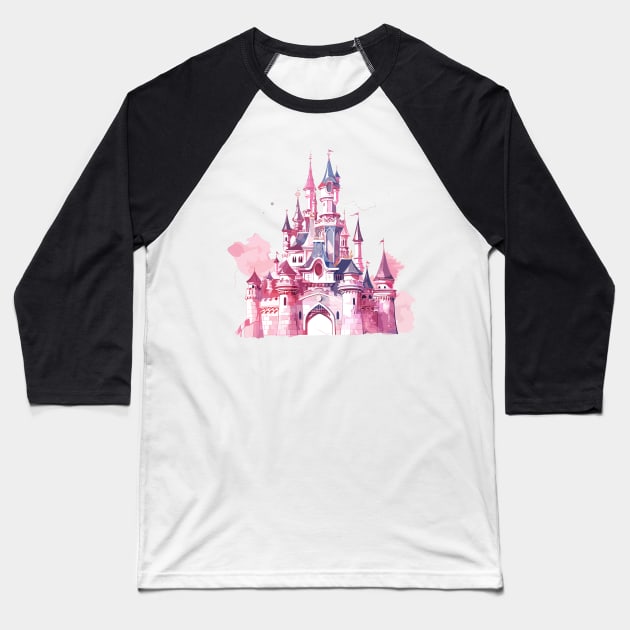 Watercolor Pink Castle Magical Princess Castle Magic Kingdom Baseball T-Shirt by RetroZin